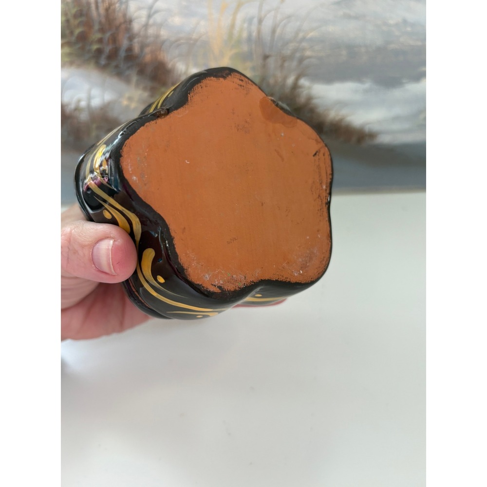 Vintage Hand Painted Terracotta Trinket Box Scalloped Flower Yellow Brown 4in - Picture 5 of 7